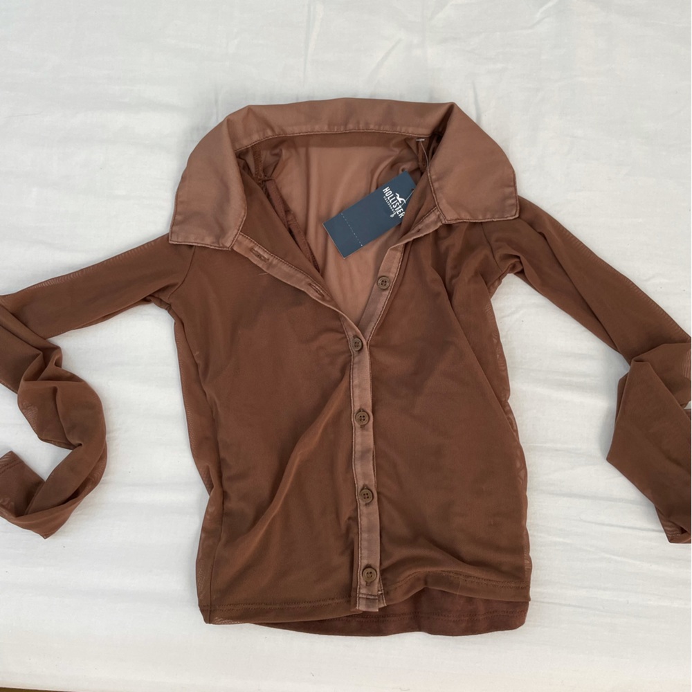 Brown mesh/sheer buttons down with collar and attached cami liner Hollister xxs